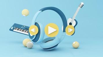 Electric piano keyboard surrounded by speakers, headphones, smart phone with song play list and music key note isolated on pastel background. 3d rendering animation loop video