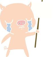 Cerdo llorando de dibujos animados de estilo de color plano con cartel vector