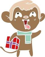 crazy flat color style cartoon monkey with christmas present vector