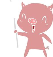 happy flat color style cartoon pig with sign post vector