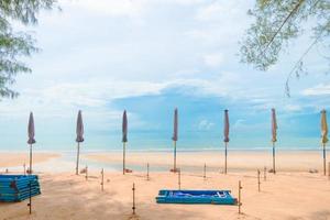 Umbrellas, beachfront and canvas chairs photo