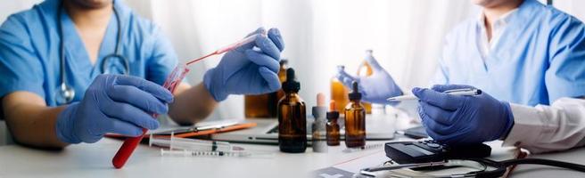 Medicine doctor and robotics research and analysis. Diagnose checking coronavirus or covid-19 testing result with virtual screen in laboratory, Inhibition of disease outbreaks and Medical technology photo
