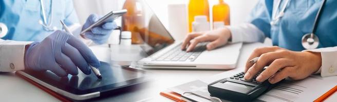 Double exposure of technology healthcare And Medicine concept. Doctors using digital tablet and modern virtual screen interface icons panoramic banner, blurred background. photo