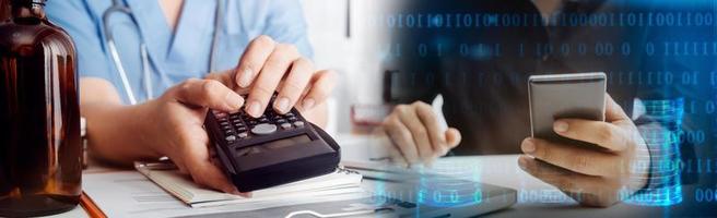 Double exposure of technology healthcare And Medicine concept. Doctors using digital tablet and modern virtual screen interface icons panoramic banner, blurred background. photo