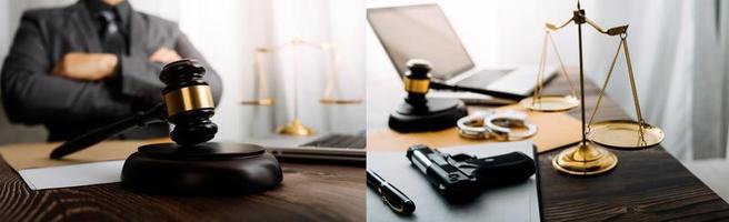 Business and lawyers discussing contract papers with brass scale on desk in office. Law, legal services, advice, justice and law concept picture with film grain effect photo