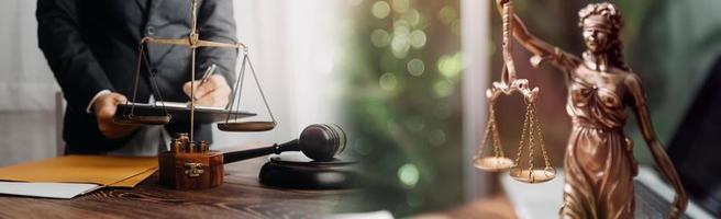 Business and lawyers discussing contract papers with brass scale on desk in office. Law, legal services, advice, justice and law concept picture with film grain effect photo