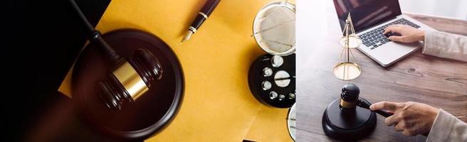 Business and lawyers discussing contract papers with brass scale on desk in office. Law, legal services, advice, justice and law concept picture with film grain effect photo