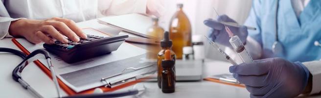 Double exposure of technology healthcare And Medicine concept. Doctors using digital tablet and modern virtual screen interface icons panoramic banner, blurred background. photo