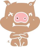 angry flat color style cartoon pig vector