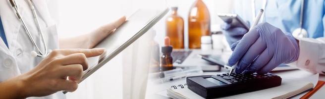 Medicine doctor and robotics research and analysis. Diagnose checking coronavirus or covid-19 testing result with virtual screen in laboratory, Inhibition of disease outbreaks and Medical technology photo