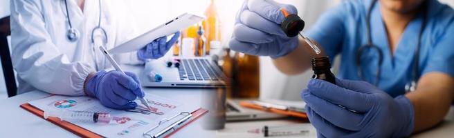 Medicine doctor and robotics research and analysis. Diagnose checking coronavirus or covid-19 testing result with virtual screen in laboratory, Inhibition of disease outbreaks and Medical technology photo