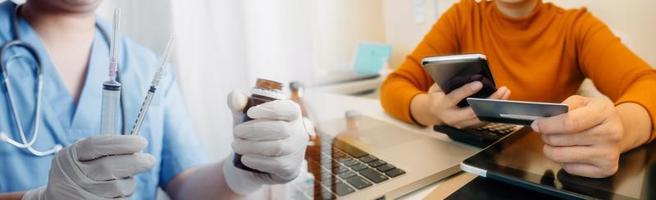 Double exposure of technology healthcare And Medicine concept. Doctors using digital tablet and modern virtual screen interface icons panoramic banner, blurred background. photo