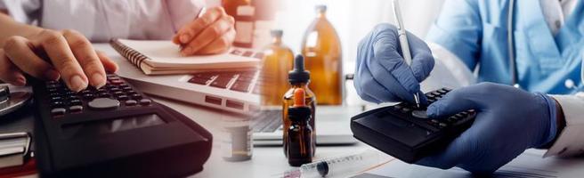 Double exposure of technology healthcare And Medicine concept. Doctors using digital tablet and modern virtual screen interface icons panoramic banner, blurred background. photo