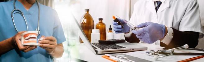 Double exposure of technology healthcare And Medicine concept. Doctors using digital tablet and modern virtual screen interface icons panoramic banner, blurred background. photo