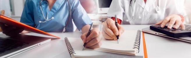 Double exposure of technology healthcare And Medicine concept. Doctors using digital tablet and modern virtual screen interface icons panoramic banner, blurred background. photo