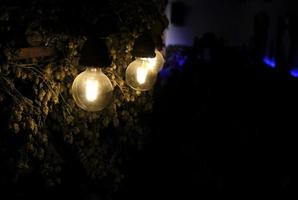 Close up of dimly lit light bulbs on a decorative lamp with hops in a brewery in Munich photo