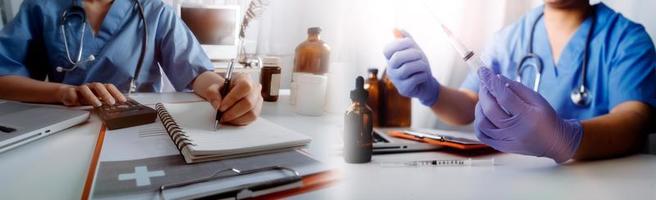 Medicine doctor and robotics research and analysis. Diagnose checking coronavirus or covid-19 testing result with virtual screen in laboratory, Inhibition of disease outbreaks and Medical technology photo
