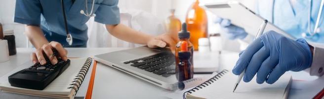 Double exposure of technology healthcare And Medicine concept. Doctors using digital tablet and modern virtual screen interface icons panoramic banner, blurred background. photo