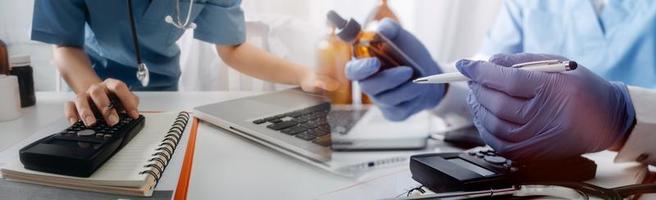 Double exposure of technology healthcare And Medicine concept. Doctors using digital tablet and modern virtual screen interface icons panoramic banner, blurred background. photo