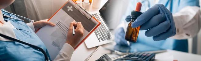 Double exposure of technology healthcare And Medicine concept. Doctors using digital tablet and modern virtual screen interface icons panoramic banner, blurred background. photo