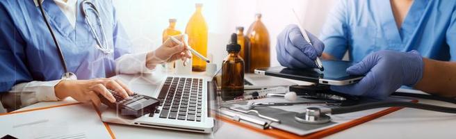 Medicine doctor and robotics research and analysis. Diagnose checking coronavirus or covid-19 testing result with virtual screen in laboratory, Inhibition of disease outbreaks and Medical technology photo