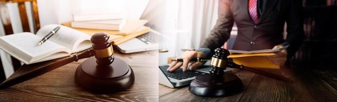 Business and lawyers discussing contract papers with brass scale on desk in office. Law, legal services, advice, justice and law concept picture with film grain effect photo