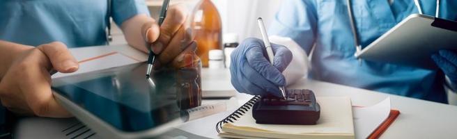 Double exposure of technology healthcare And Medicine concept. Doctors using digital tablet and modern virtual screen interface icons panoramic banner, blurred background. photo