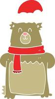 flat color style cartoon bear wearing christmas hat vector