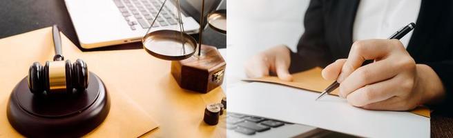 Business and lawyers discussing contract papers with brass scale on desk in office. Law, legal services, advice, justice and law concept picture with film grain effect photo