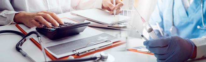 Double exposure of technology healthcare And Medicine concept. Doctors using digital tablet and modern virtual screen interface icons panoramic banner, blurred background. photo
