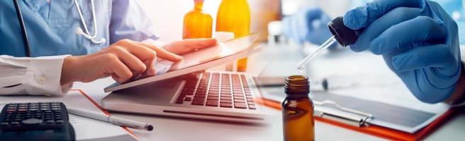 Double exposure of technology healthcare And Medicine concept. Doctors using digital tablet and modern virtual screen interface icons panoramic banner, blurred background. photo