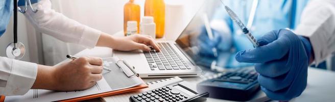 Double exposure of technology healthcare And Medicine concept. Doctors using digital tablet and modern virtual screen interface icons panoramic banner, blurred background. photo