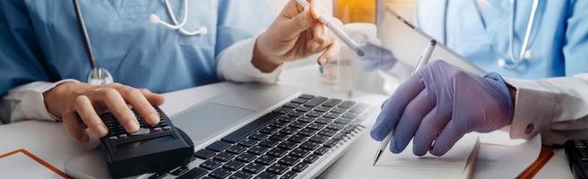 Double exposure of technology healthcare And Medicine concept. Doctors using digital tablet and modern virtual screen interface icons panoramic banner, blurred background. photo