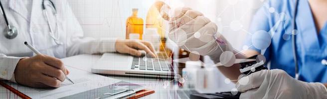 Double exposure of technology healthcare And Medicine concept. Doctors using digital tablet and modern virtual screen interface icons panoramic banner, blurred background. photo