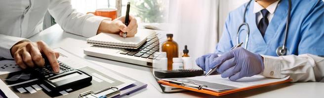 Double exposure of technology healthcare And Medicine concept. Doctors using digital tablet and modern virtual screen interface icons panoramic banner, blurred background. photo