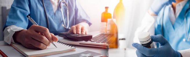 Double exposure of technology healthcare And Medicine concept. Doctors using digital tablet and modern virtual screen interface icons panoramic banner, blurred background. photo