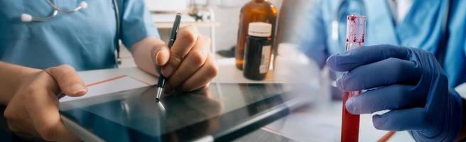 Double exposure of technology healthcare And Medicine concept. Doctors using digital tablet and modern virtual screen interface icons panoramic banner, blurred background. photo