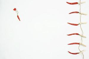 A flat lay of red hot chilly peppers lying on a white background as a concept for Valentines Day photo