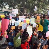 New Delhi, India December 25 2021 - Delhi Contractual Guest Teachers with posters, flags and graffitis protesting against Delhi AAP Government for making policy, Delhi Guest Teachers protesting photo