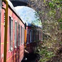 Toy Train moving on mountain slopes, beautiful view, one side mountain, one side valley moving on railway to the hill, among green natural forest. Toy train from Kalka to Shimla in India, Indian Train photo