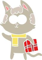 happy flat color style cartoon cat with christmas present vector