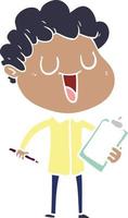 laughing flat color style cartoon man with clipboard and pen vector