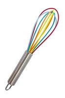 The colorful whisk isolated on white background with stainless steal handle photo