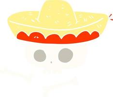 ilustración de color plano de un cráneo de dibujos animados en sombrero mexicano vector