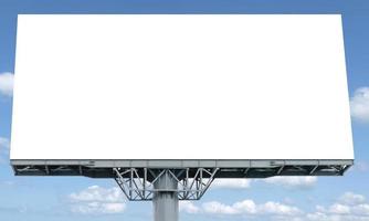 Outdoor pole billboard with mock up white screen on blue sky background with clipping path photo