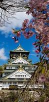 Landscape photo of Osaka Castle in spring, where there are still some cherry blossoms still in bloom.
