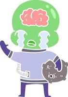 flat color style cartoon big brain alien crying and waving goodbye vector