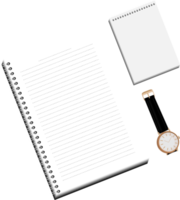 A white lined notebook and notepad for writing notes are placed next to wristwatch with black strap converted png