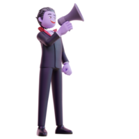 3d vampire character holding megaphone, Happy halloween. png