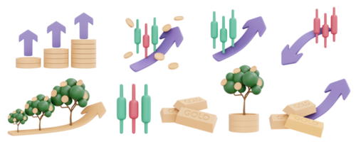 Representación 3D del concepto de conjunto de iconos de dinero de árbol de dinero del mercado de valores de inversión y oro aislado sobre fondo blanco. estilo de dibujos animados de ilustración de procesamiento 3d. png